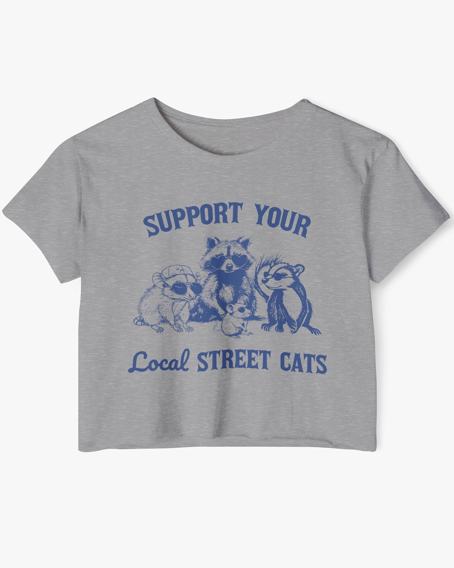 Flat lay of a dark heather 'Support Your Local Street Cats' crop top featuring a funny retro raccoon ang graphic.
