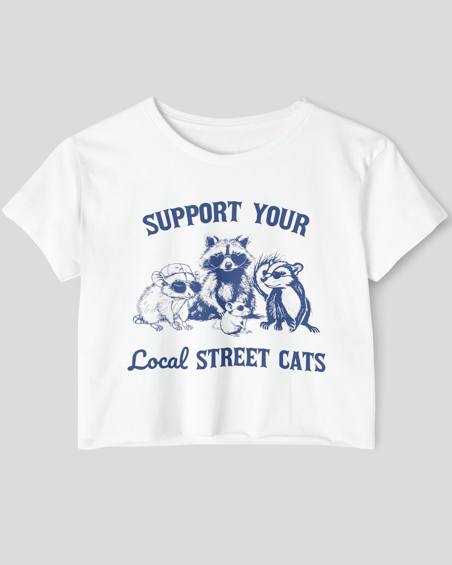 Flat lay of a white 'Support Your Local Street Cats' crop top featuring a funny retro raccoon gang graphic.