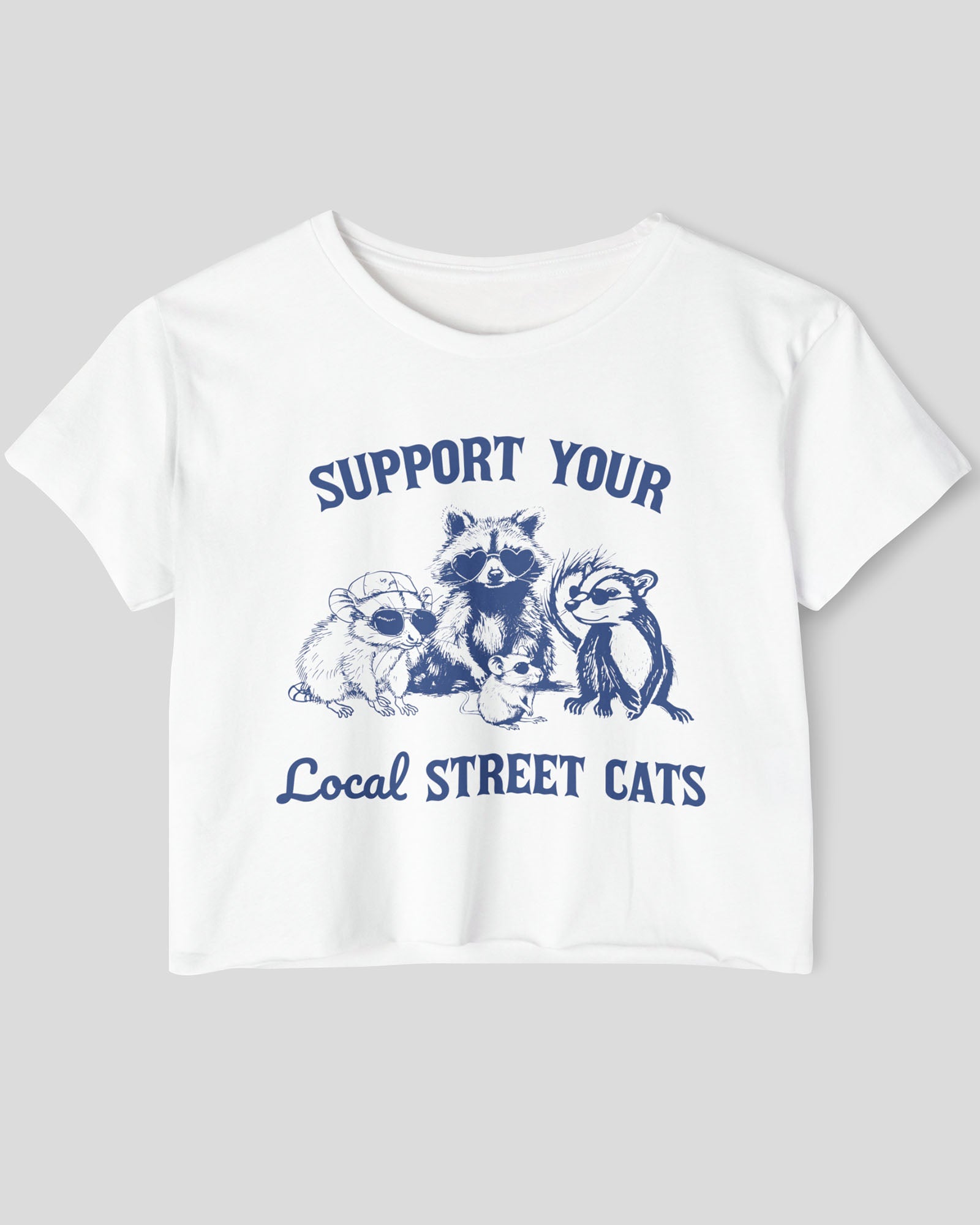 Flat lay of a white 'Support Your Local Street Cats' crop top featuring a funny retro raccoon gang graphic.