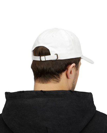 Man wearing white dad cap with the quote 'Support Your Local Street Cats' and a funny retro raccoon and opossum graphic.