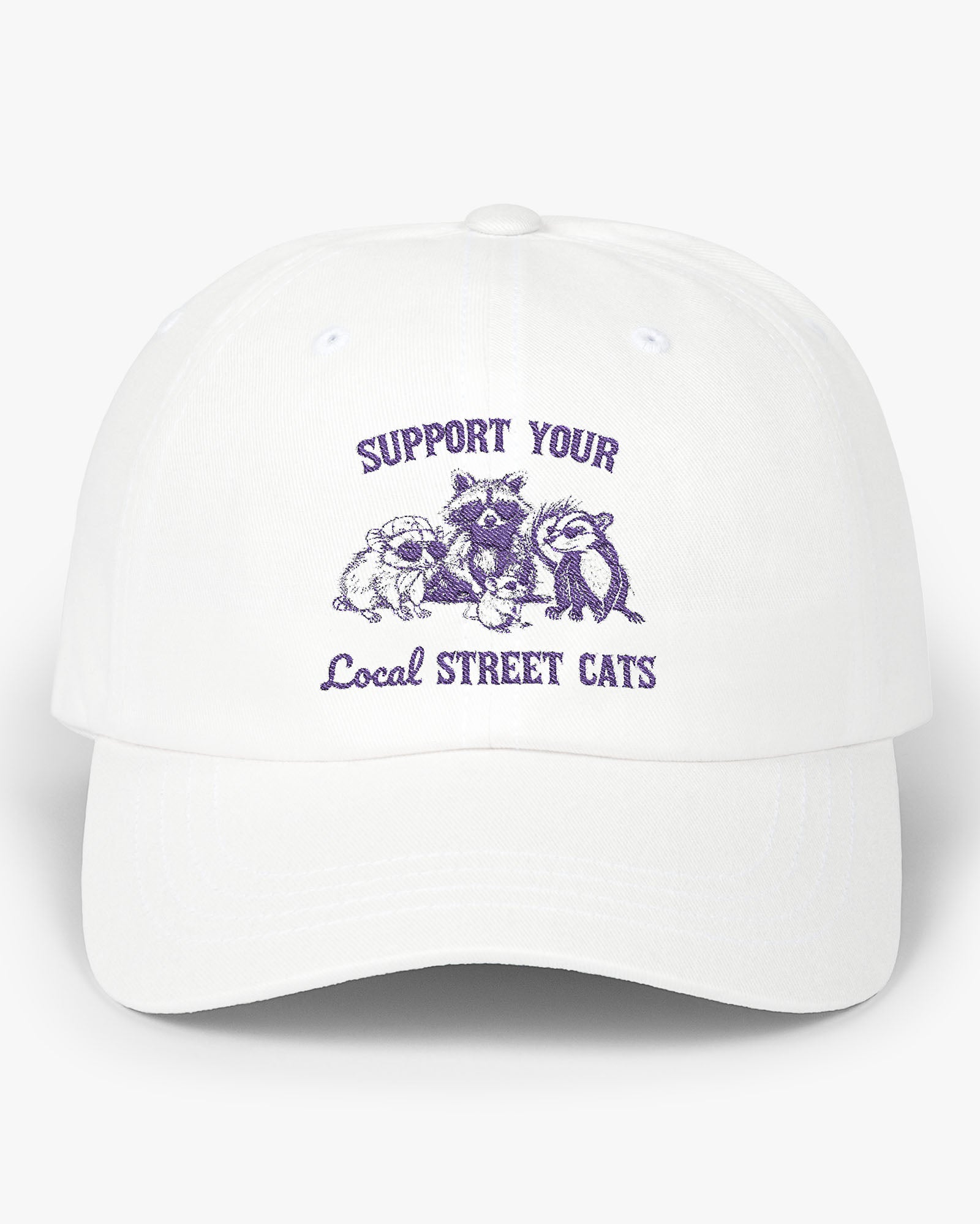 White dad cap with the quote 'Support Your Local Street Cats' and a funny retro raccoon and opossum graphic.