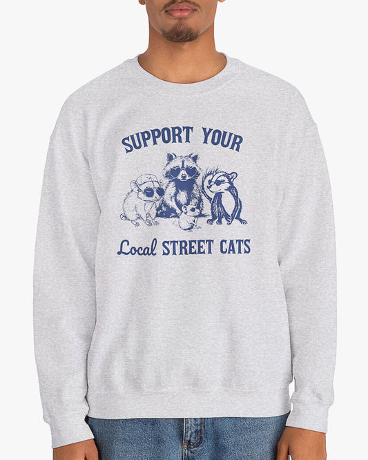 Man wearing an ash gray sweatshirt with the quote 'Support Your Local Street Cats' and a funny retro raccoon and opossum graphic