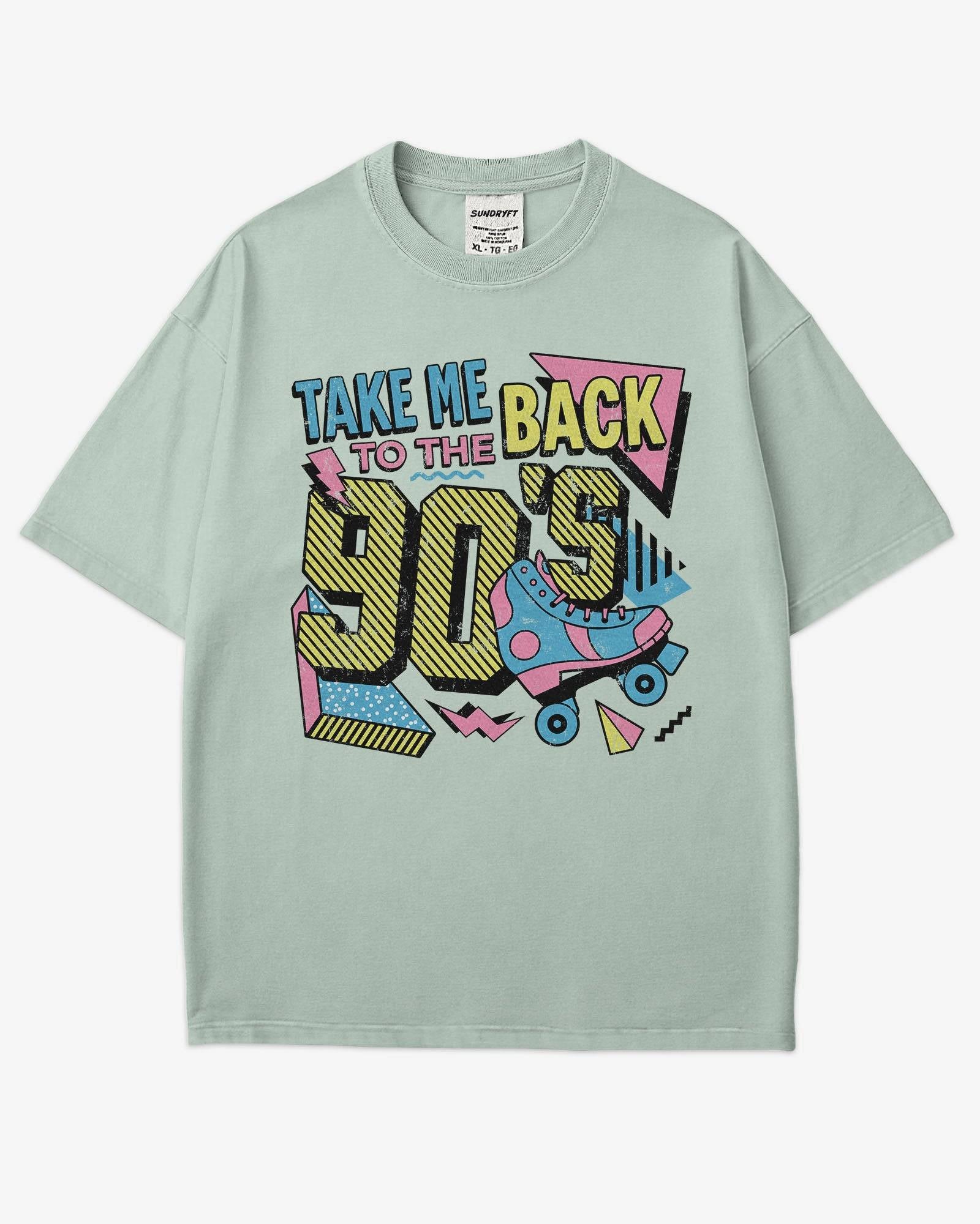 Flat lay bay-colored "Take Me Back To The 90's" retro graphic shirt.