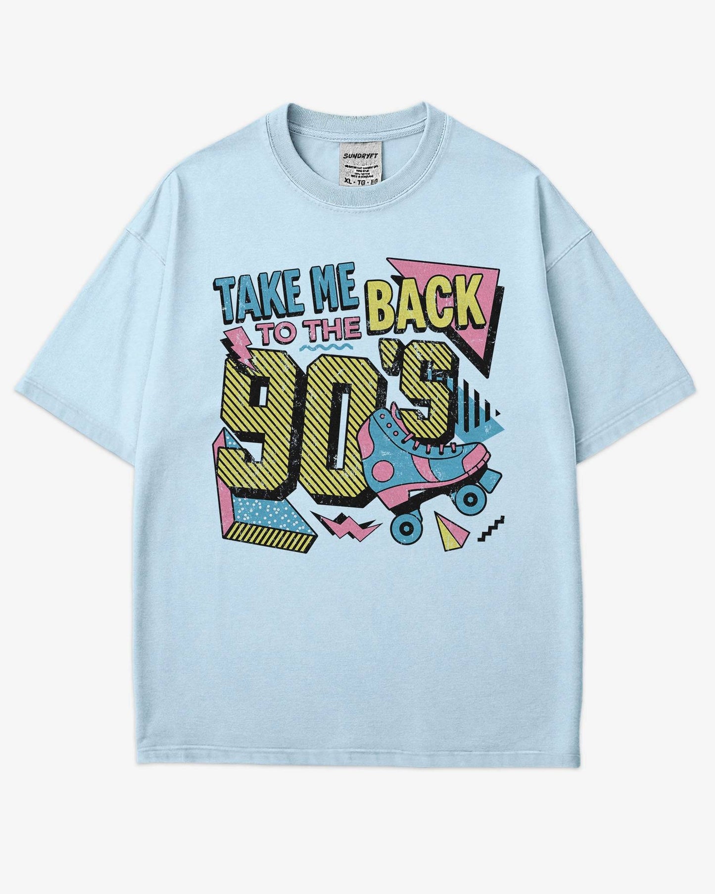 Flat lay chambray-colored "Take Me Back To The 90's" retro graphic shirt.
