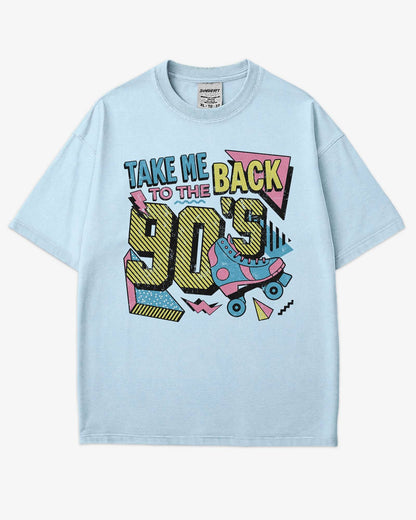Flat lay chambray-colored "Take Me Back To The 90's" retro graphic shirt.
