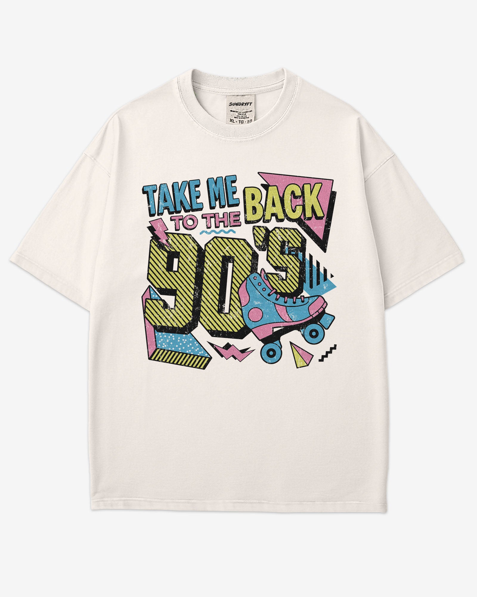 Flat lay ivory-colored "Take Me Back To The 90's" retro graphic shirt.