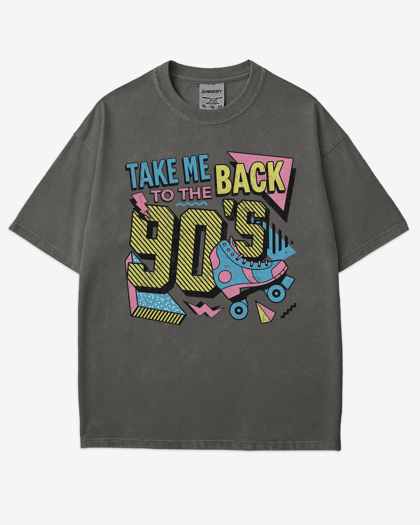 Flat lay pepper-colored "Take Me Back To The 90's" retro graphic shirt.