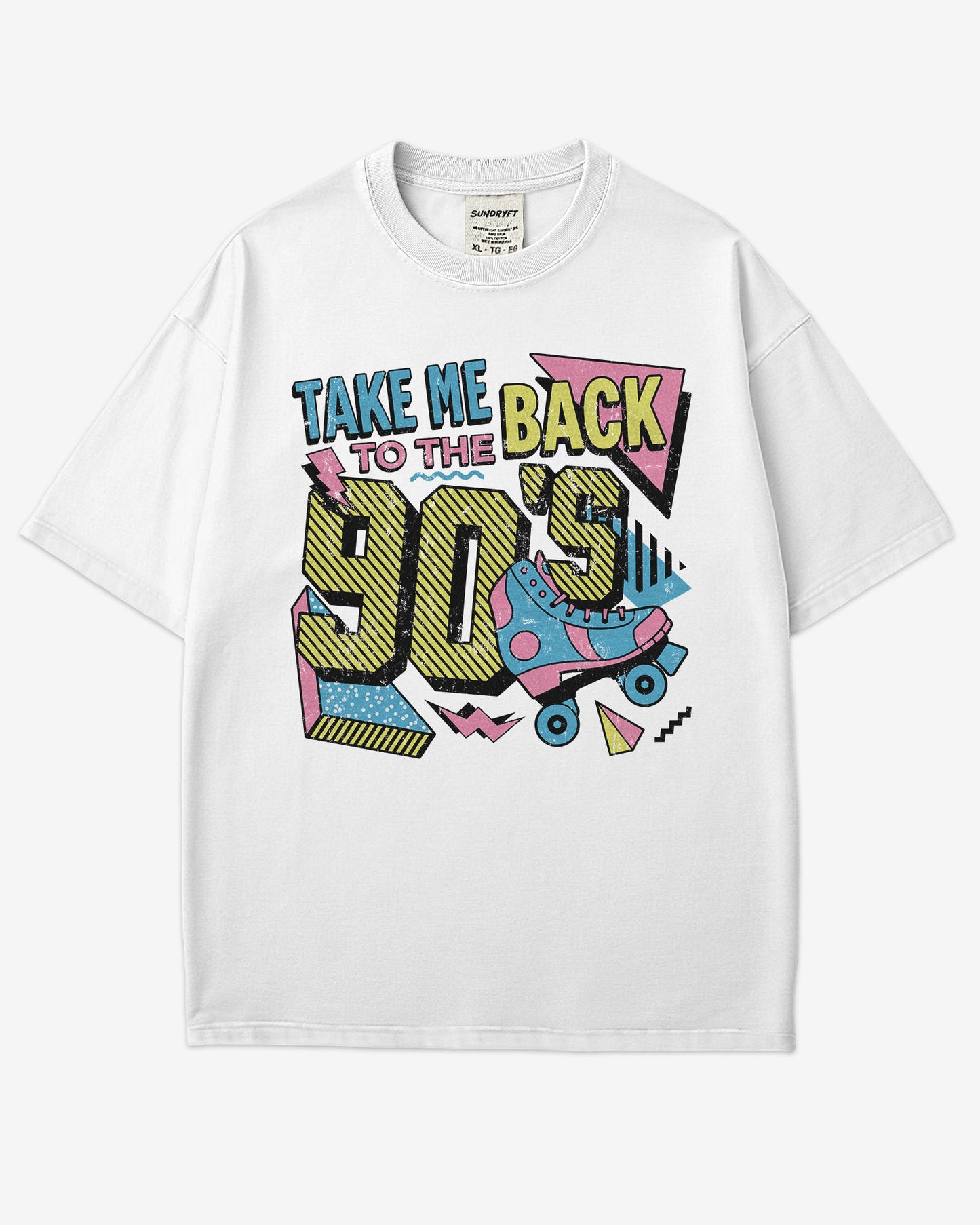 Flat lay white-colored "Take Me Back To The 90's" retro graphic shirt.