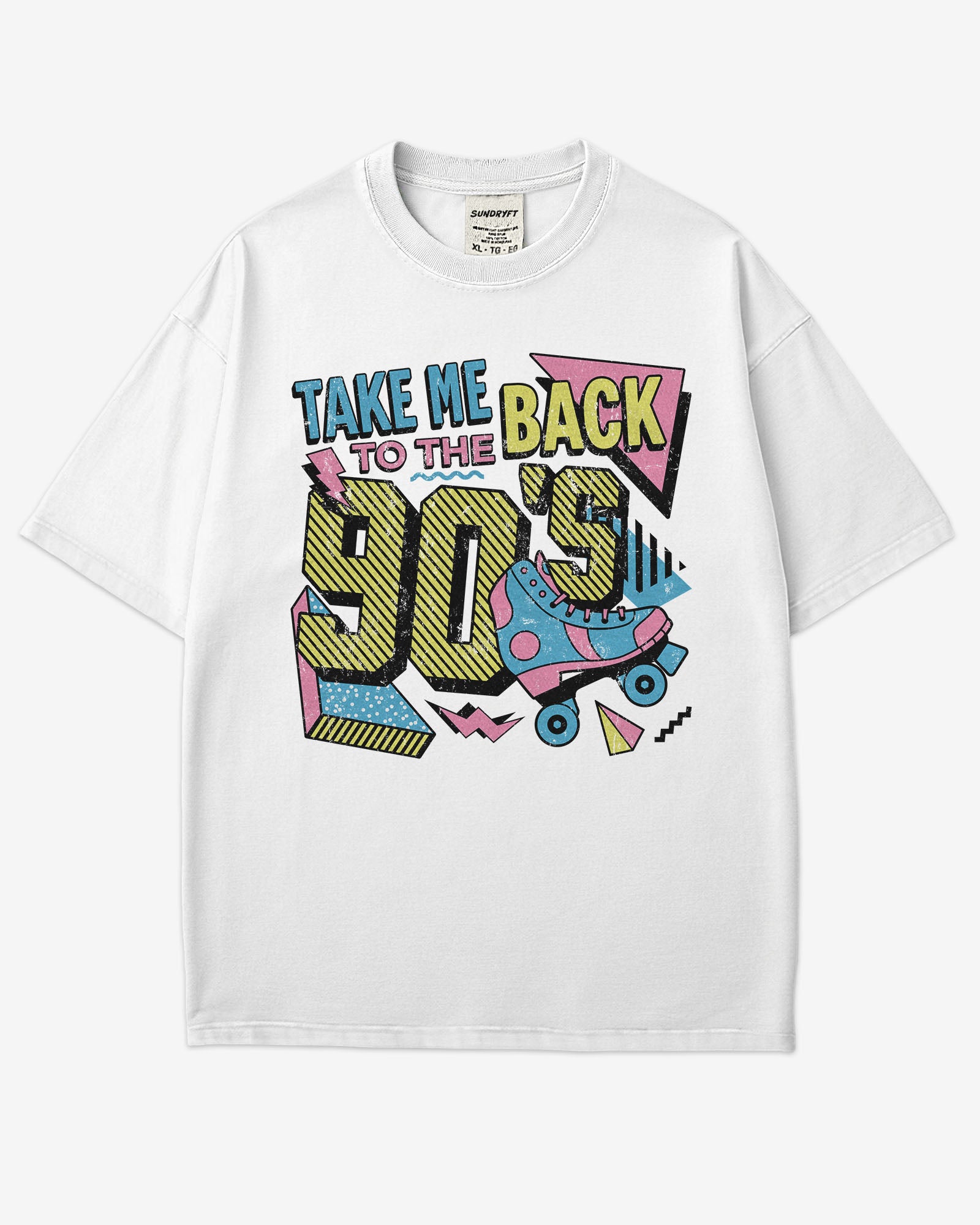 Flat lay white-colored "Take Me Back To The 90's" retro graphic shirt.