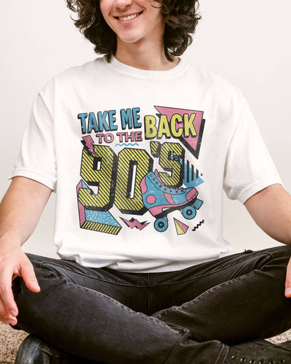 Man wearing a white "Take Me Back To The 90's" retro graphic shirt.