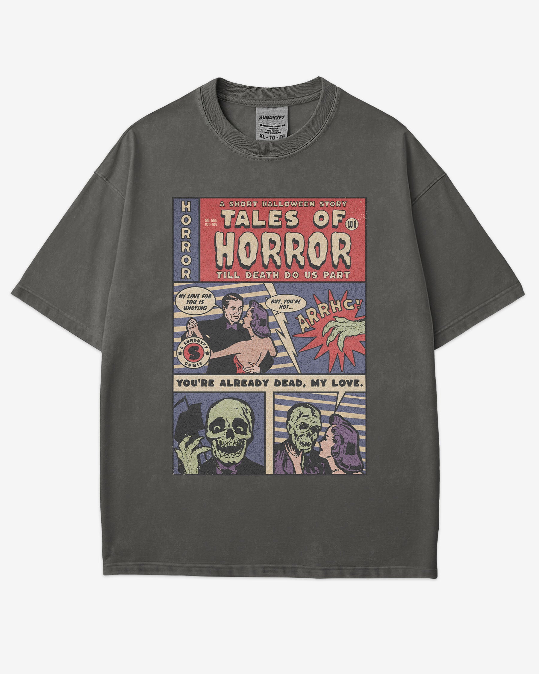 Flat lay pepper 'Tales of Horror Halloween Comic' shirt featuring vintage horror comic panels with creepy dialogue.