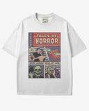 Flat lay white 'Tales of Horror Halloween Comic' shirt featuring vintage horror comic panels with creepy dialogue.