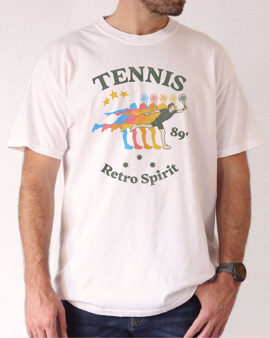Man wearing "Tennis 89' Retro Spirit" shirt in white color with a vintage tennis player graphic.