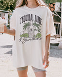 Model wearing ivory color shirt with 'Tequila Lime And Sunshine' funny retro graphic design