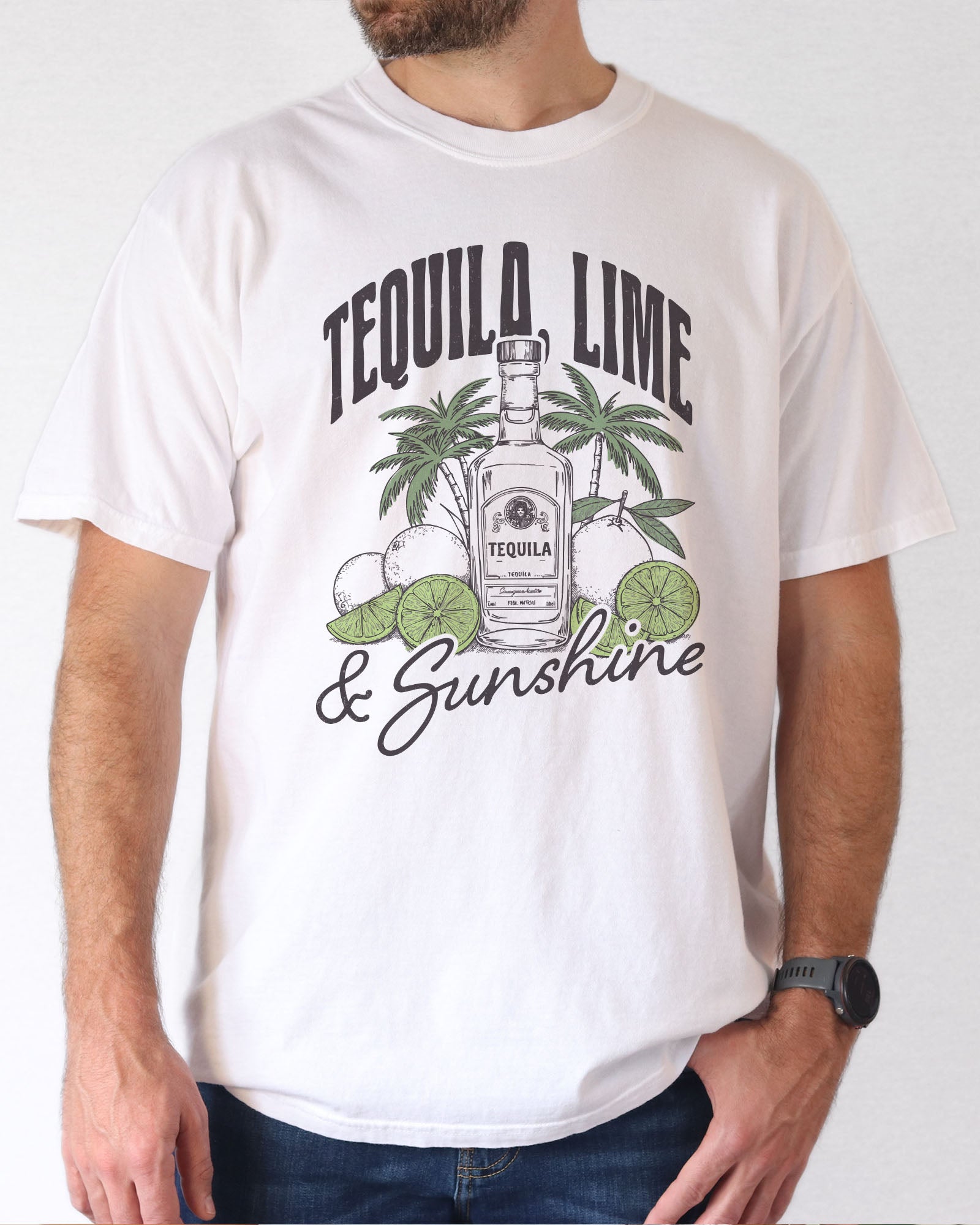 Model wearing white color shirt with 'Tequila Lime And Sunshine' funny retro graphic design