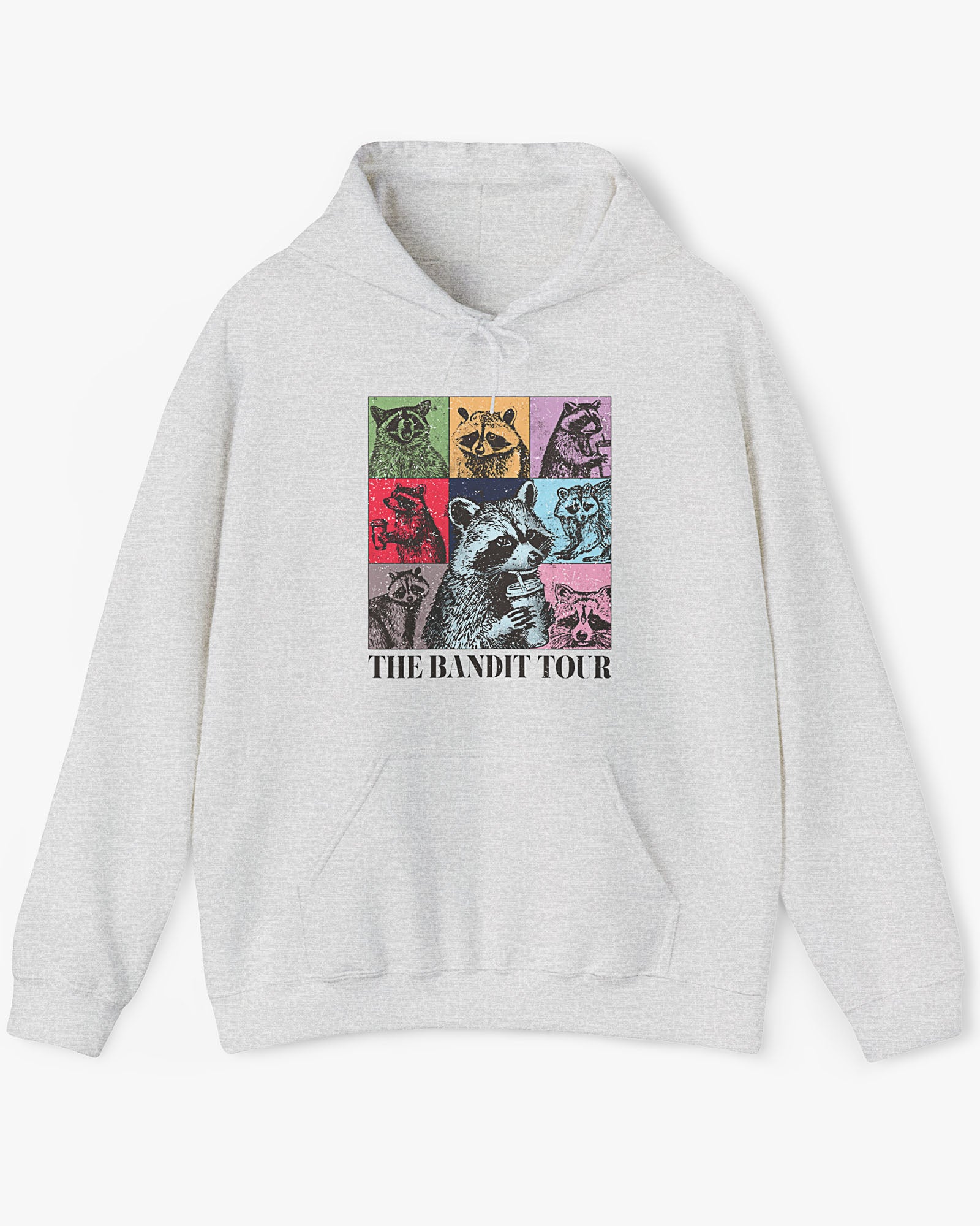 Man wearing ash gray 'The Bandit Tour' hoodie with funny retro raccoon collage 