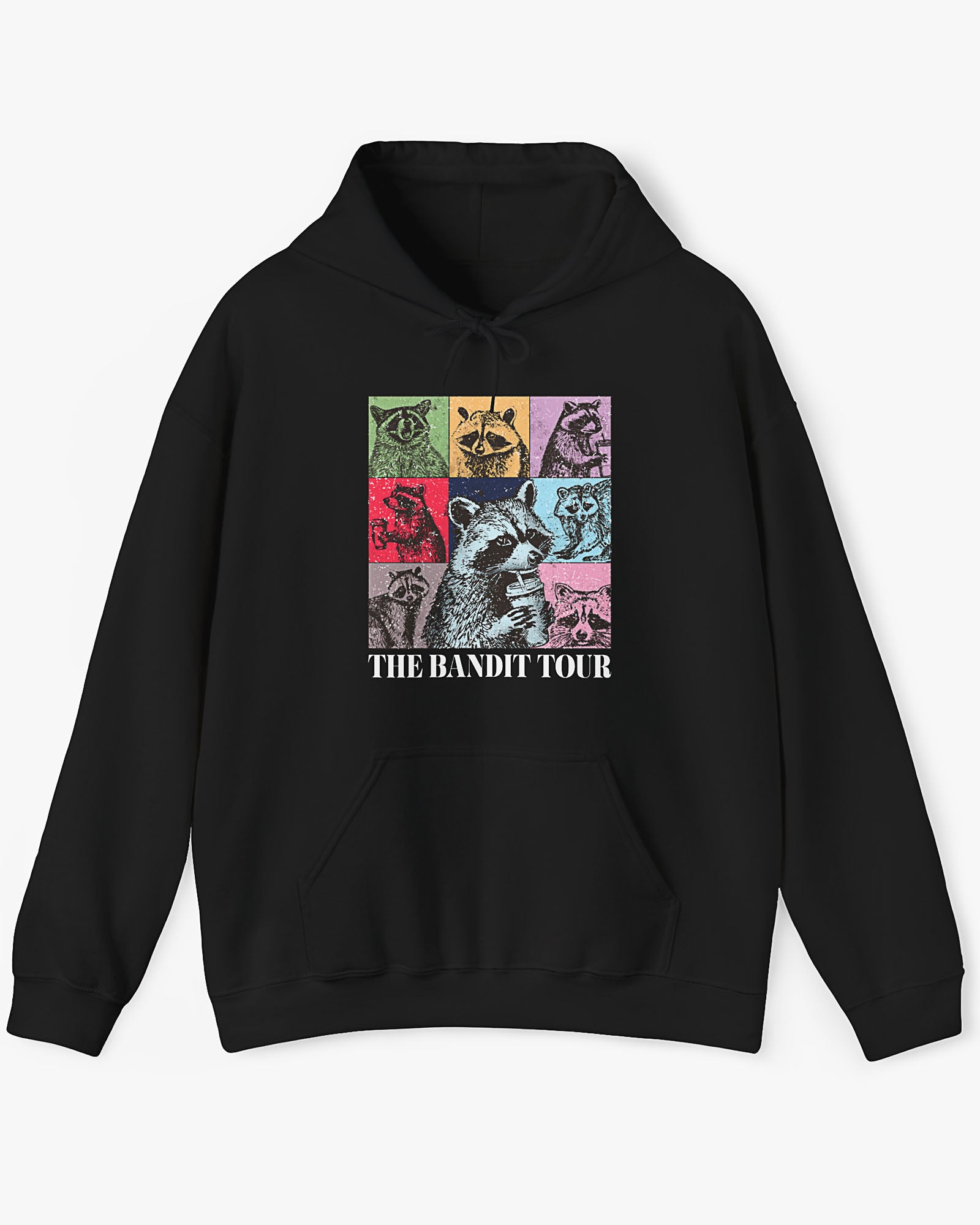 Flat lay black 'The Bandit Tour' hoodie with funny retro raccoon collage 