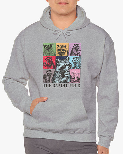 Man wearing sport gray 'The Bandit Tour' hoodie with funny retro raccoon collage 