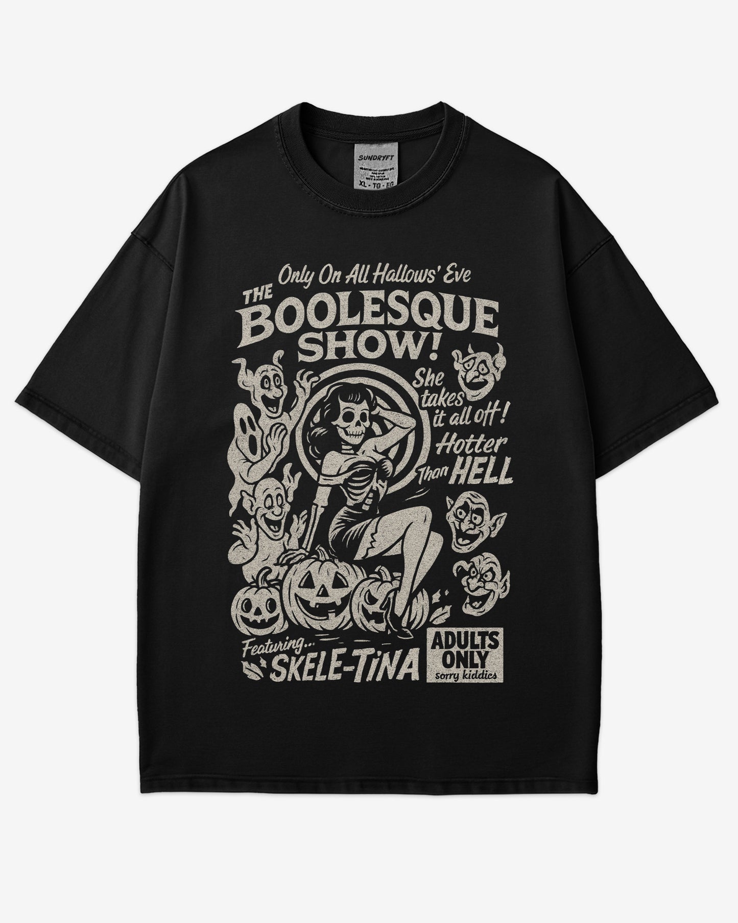 The Boolesque Show Shirt in black color – retro Halloween graphic tee with burlesque skeleton design, funny spooky unisex cotton shirt