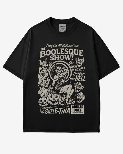 The Boolesque Show Shirt in black color – retro Halloween graphic tee with burlesque skeleton design, funny spooky unisex cotton shirt