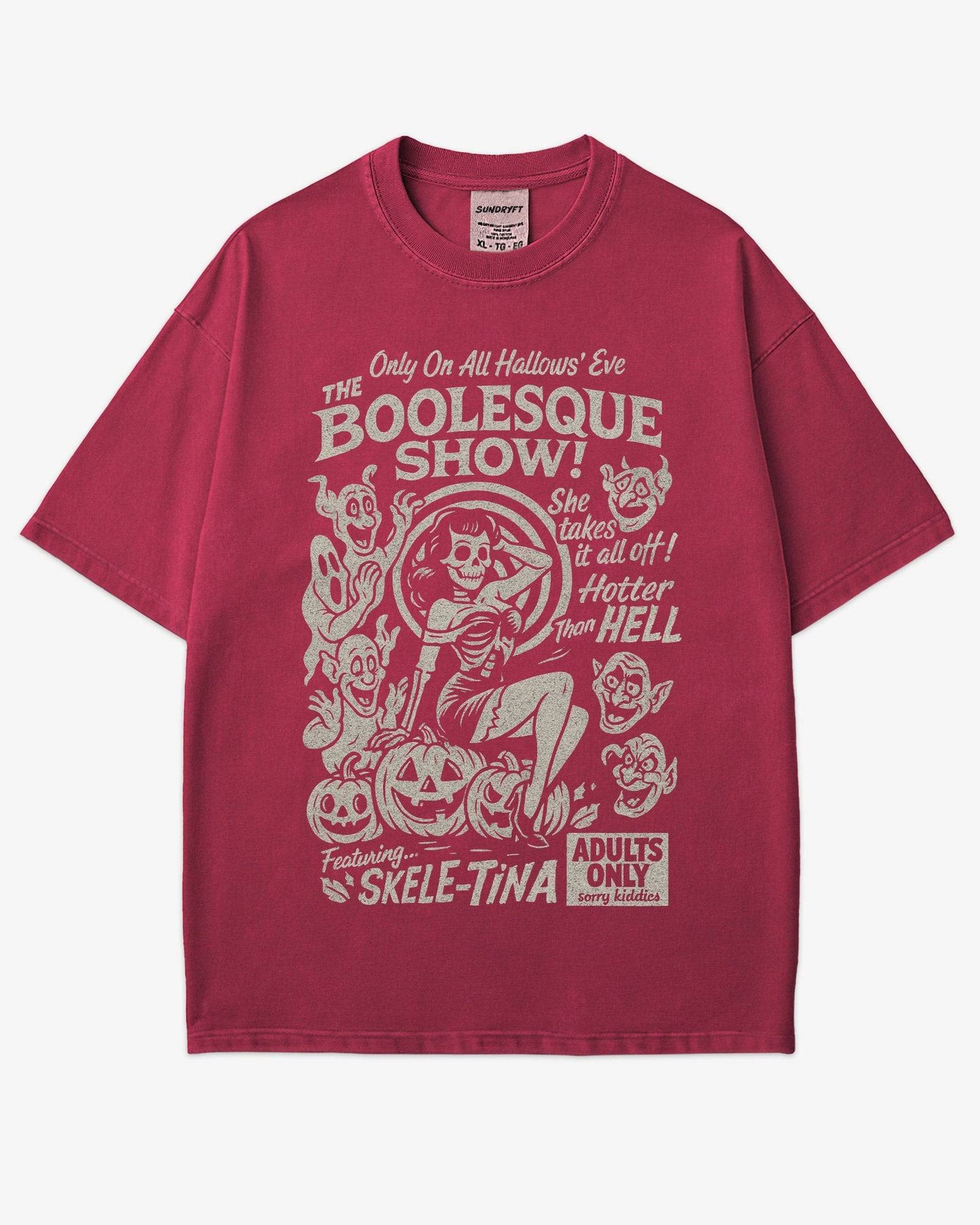 The Boolesque Show Shirt in chili color – retro Halloween graphic tee with burlesque skeleton design, funny spooky unisex cotton shirt