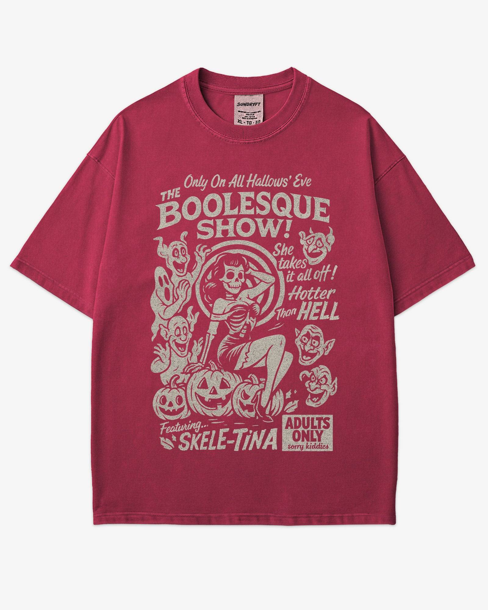 The Boolesque Show Shirt in chili color – retro Halloween graphic tee with burlesque skeleton design, funny spooky unisex cotton shirt
