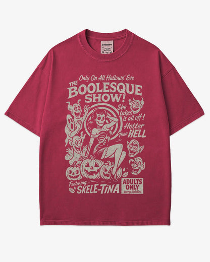 The Boolesque Show Shirt in chili color – retro Halloween graphic tee with burlesque skeleton design, funny spooky unisex cotton shirt