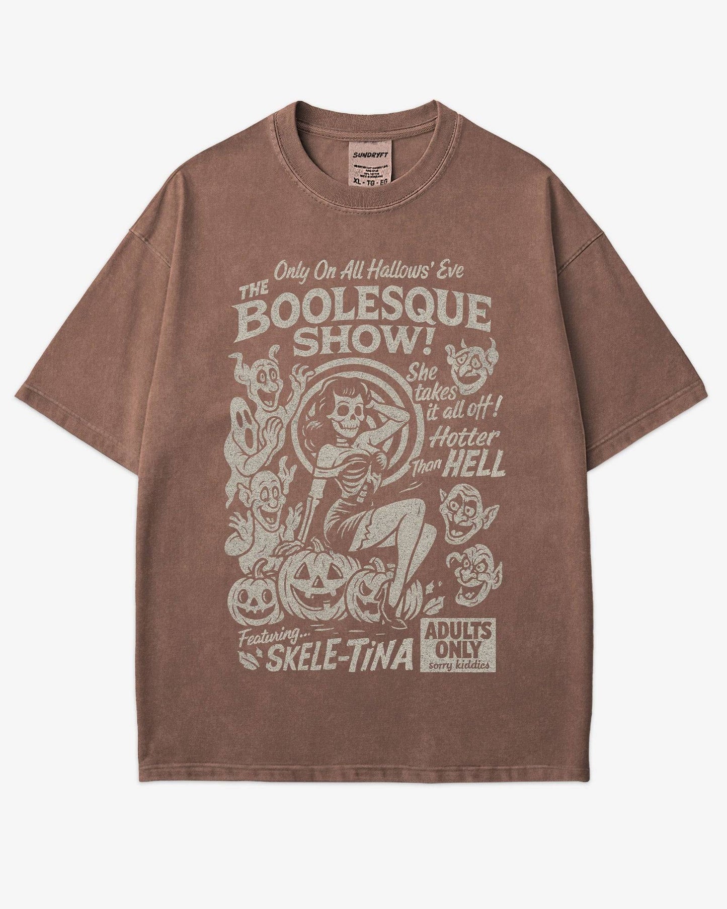 The Boolesque Show Shirt in espresso color – retro Halloween graphic tee with burlesque skeleton design, funny spooky unisex cotton shirt