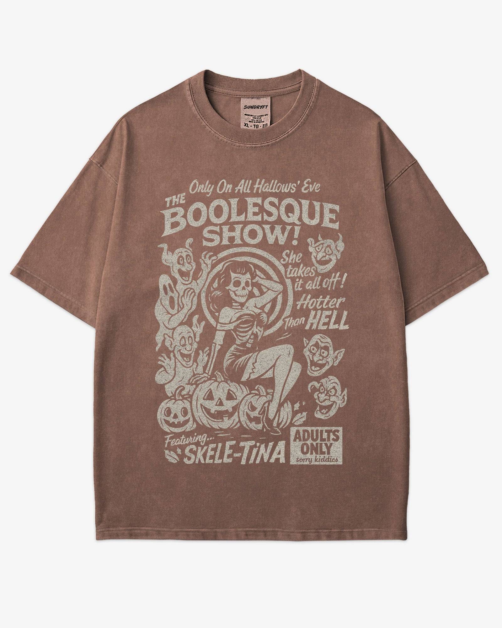 The Boolesque Show Shirt in espresso color – retro Halloween graphic tee with burlesque skeleton design, funny spooky unisex cotton shirt