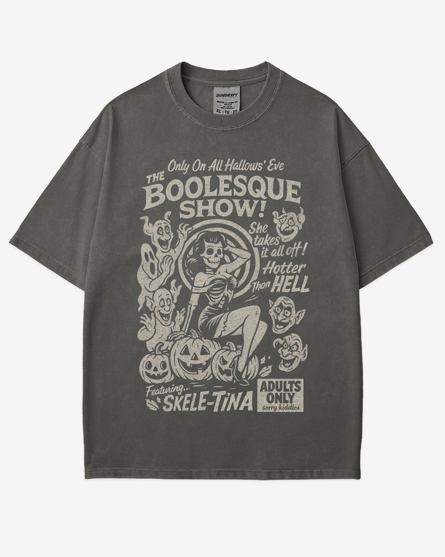 The Boolesque Show Shirt in pepper color – retro Halloween graphic tee with burlesque skeleton design, funny spooky unisex cotton shirt