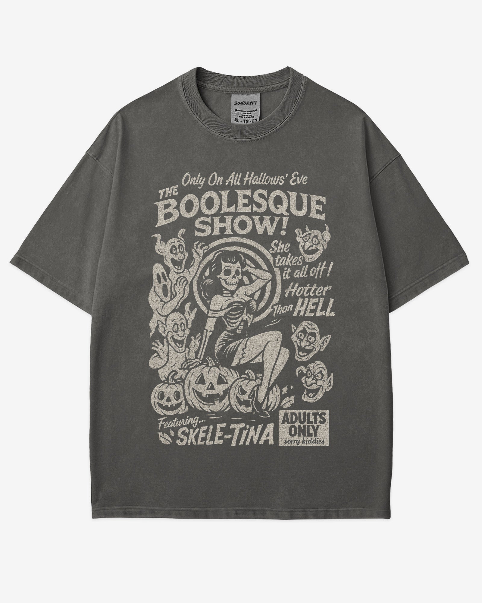 The Boolesque Show Shirt in pepper color – retro Halloween graphic tee with burlesque skeleton design, funny spooky unisex cotton shirt