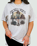 The Hell I Won't Shirt ash gray color tee with retro cowgirl graphic