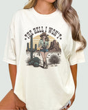 The Hell I Won't Shirt beige color tee with retro cowgirl graphic