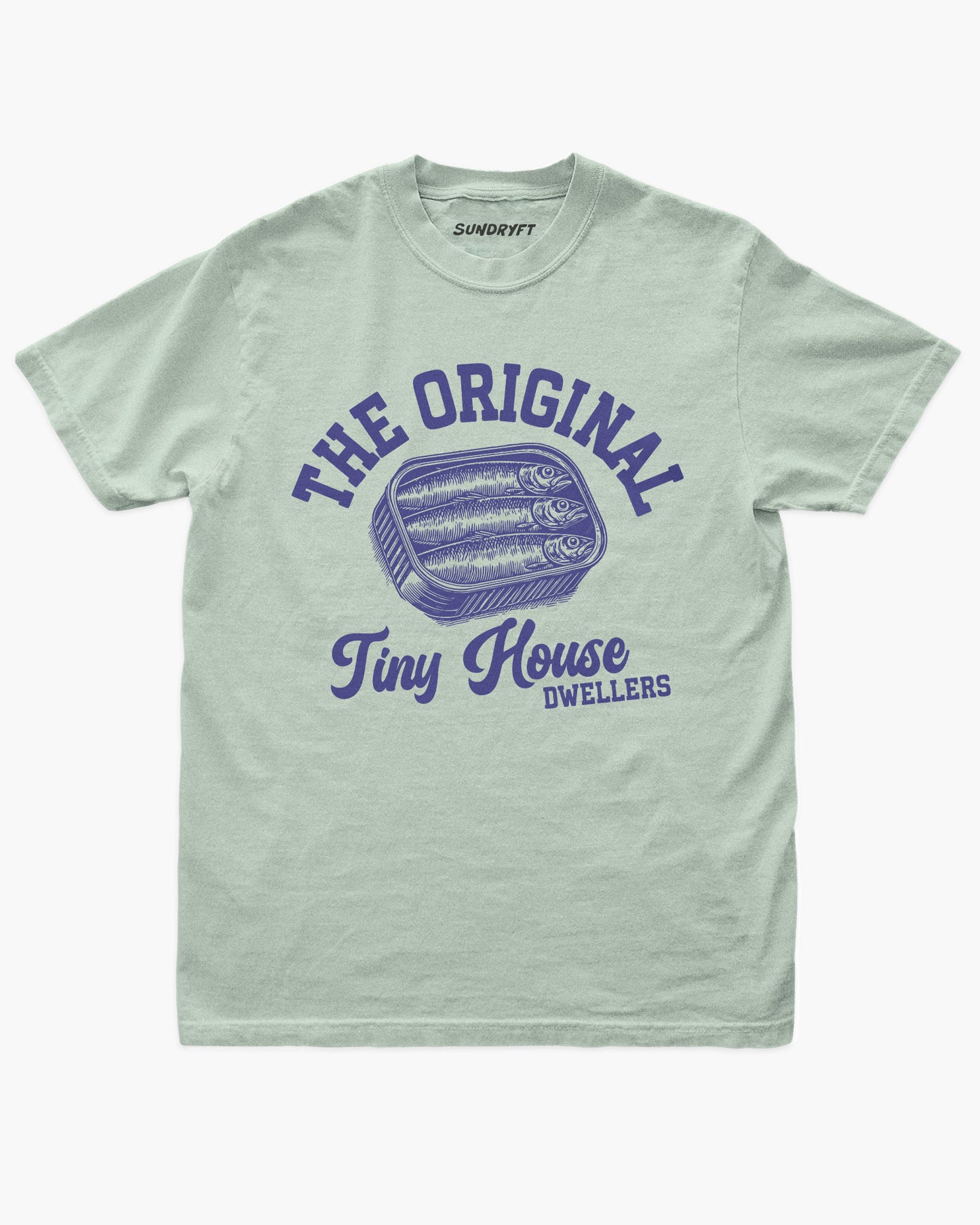 The Original Tiny House Dwellers shirt in bay with retro tinned sardines graphic