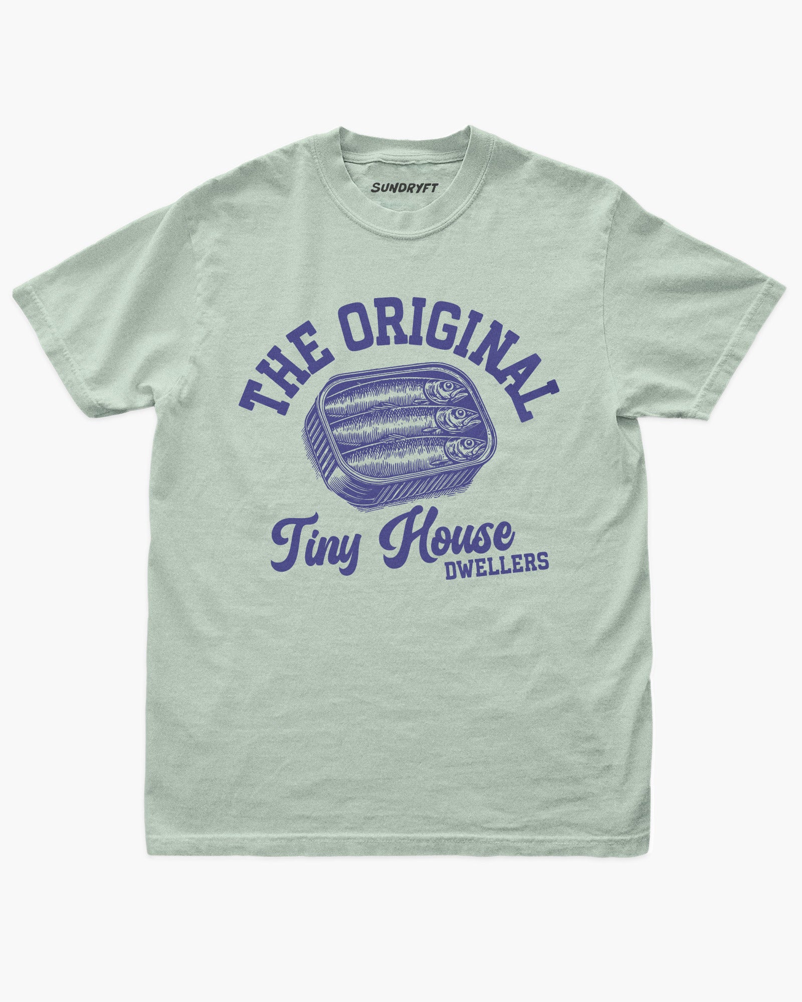 The Original Tiny House Dwellers shirt in bay with retro tinned sardines graphic