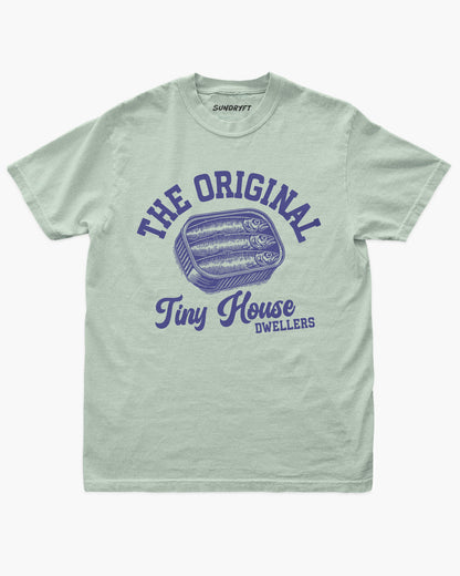 The Original Tiny House Dwellers shirt in bay with retro tinned sardines graphic