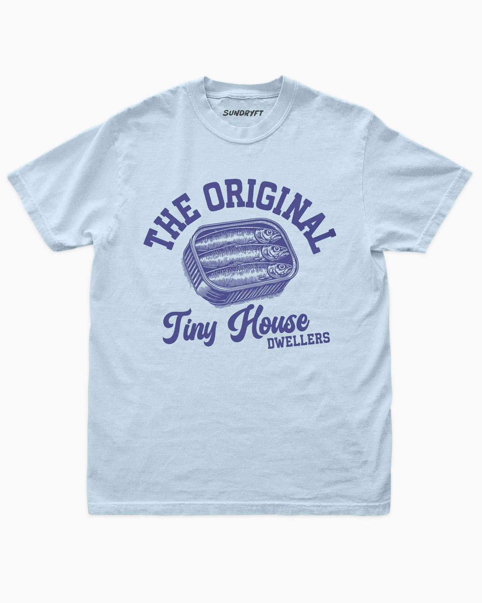 The Original Tiny House Dwellers shirt in chambray with retro tinned sardines graphic