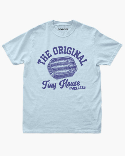 The Original Tiny House Dwellers shirt in chambray with retro tinned sardines graphic