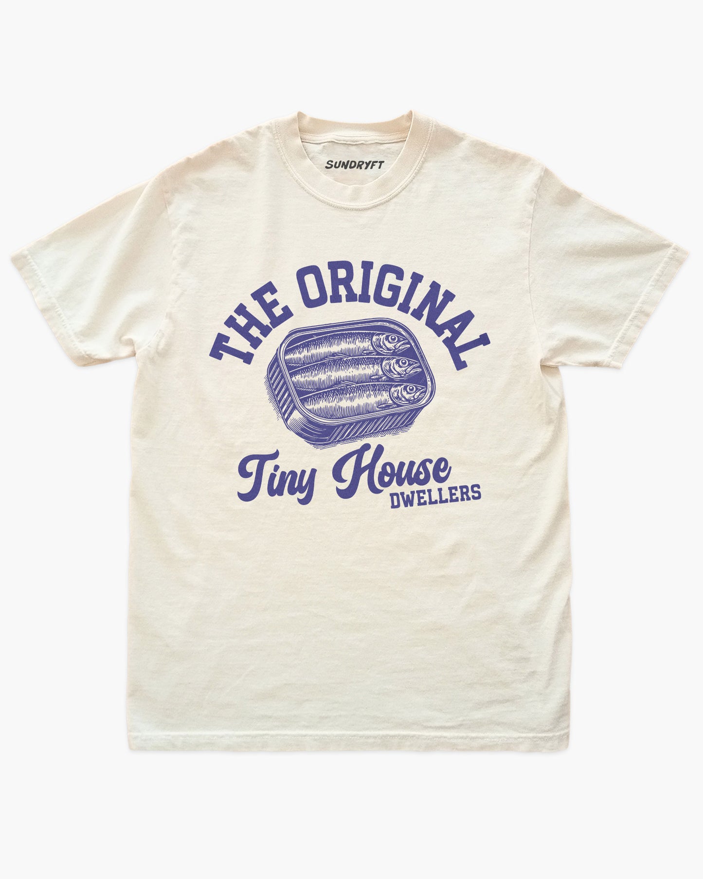 The Original Tiny House Dwellers shirt with retro tinned sardines graphic