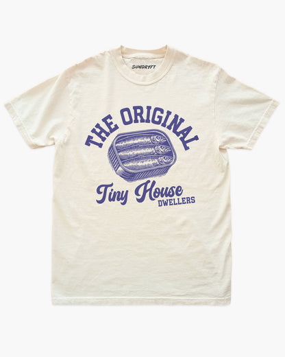 The Original Tiny House Dwellers shirt with retro tinned sardines graphic