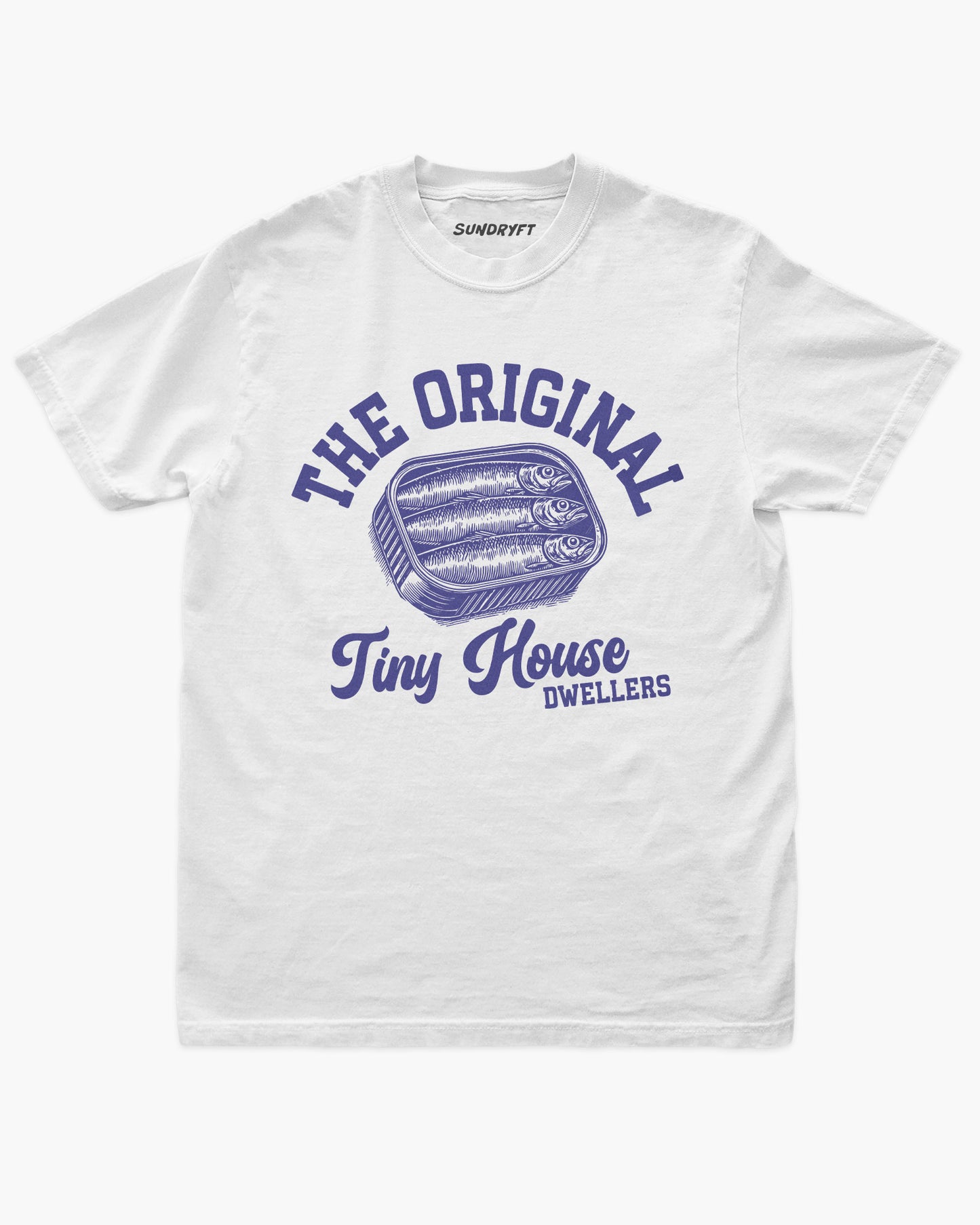 The Original Tiny House Dwellers shirt in white with retro tinned sardines graphic
