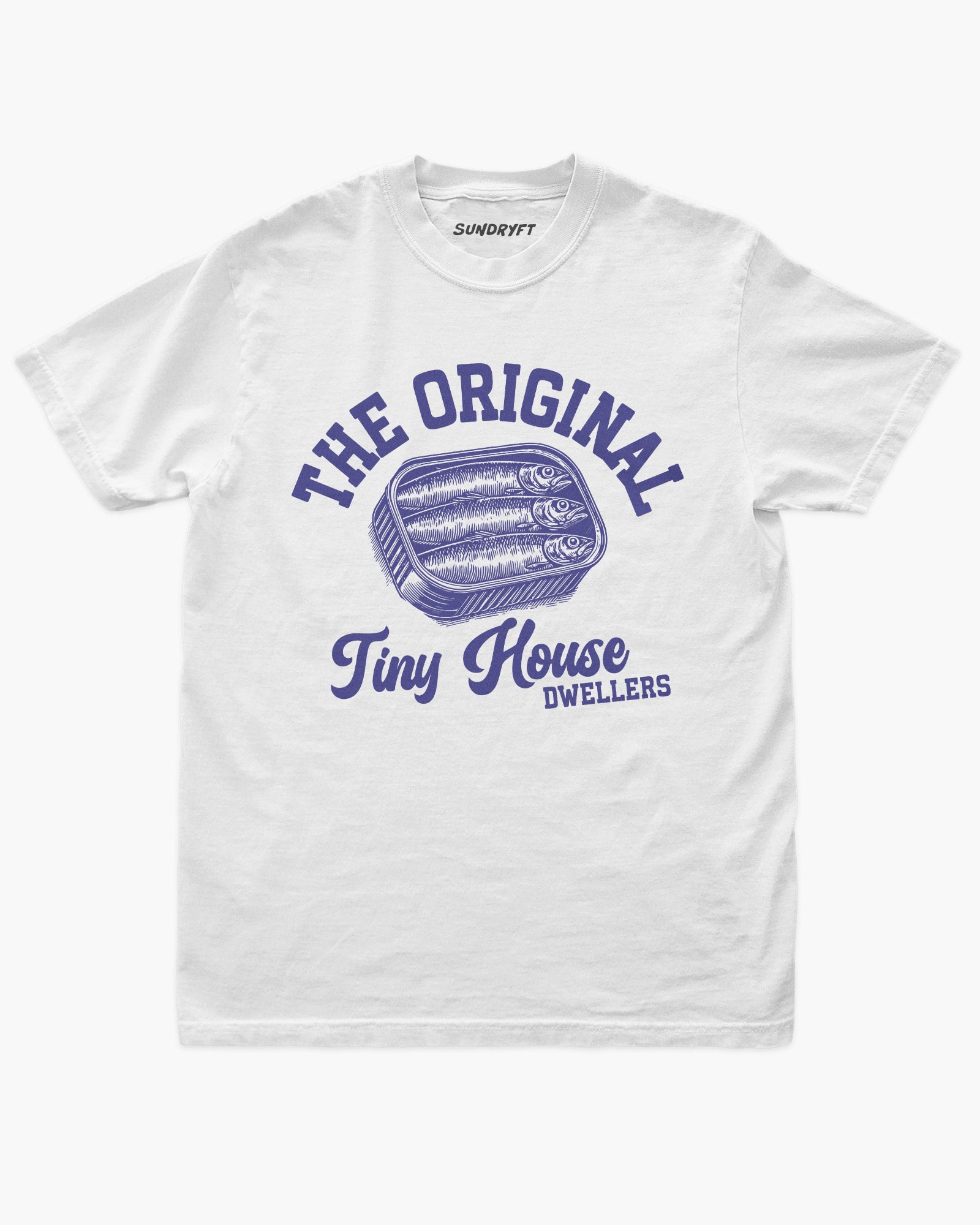 The Original Tiny House Dwellers shirt in white with retro tinned sardines graphic