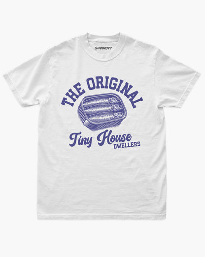 The Original Tiny House Dwellers shirt in white with retro tinned sardines graphic