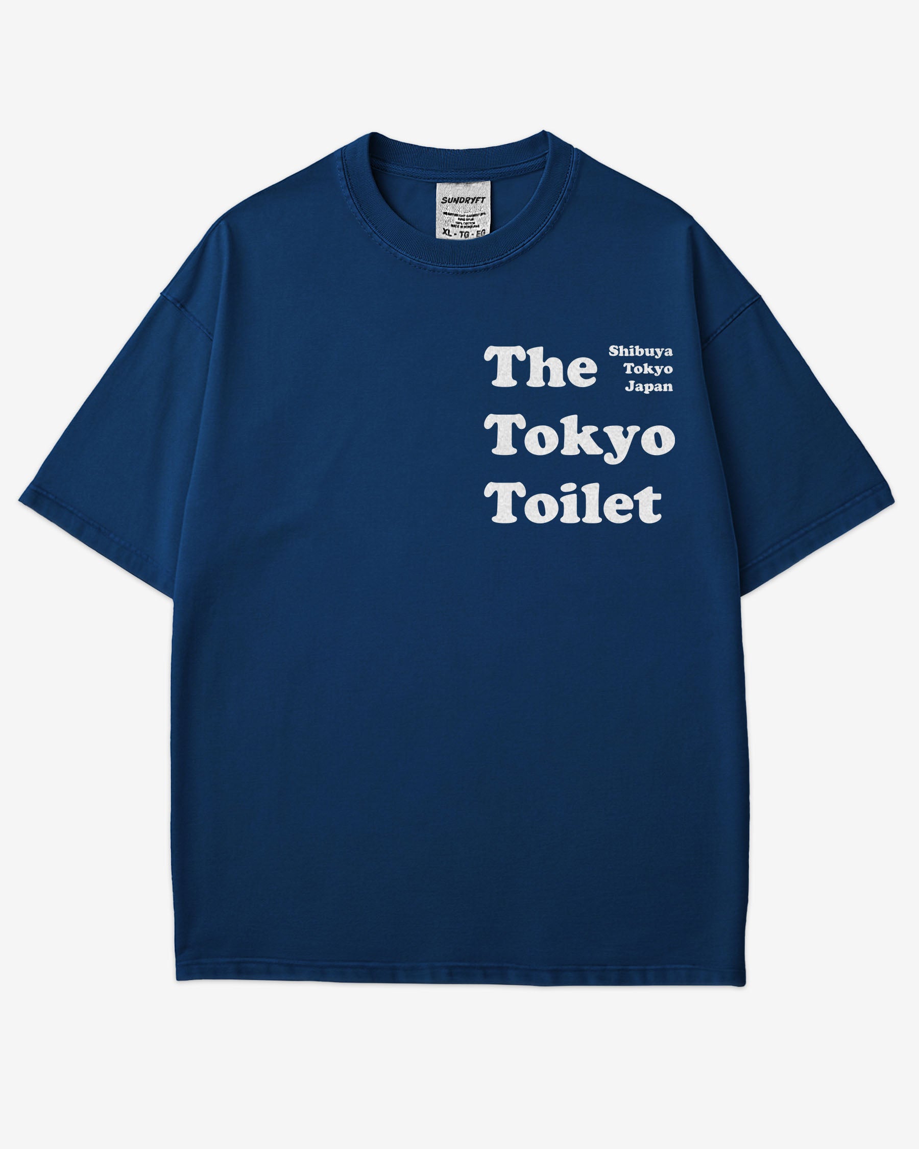Flat lay true navy 'The Tokyo Toilet' shirt.