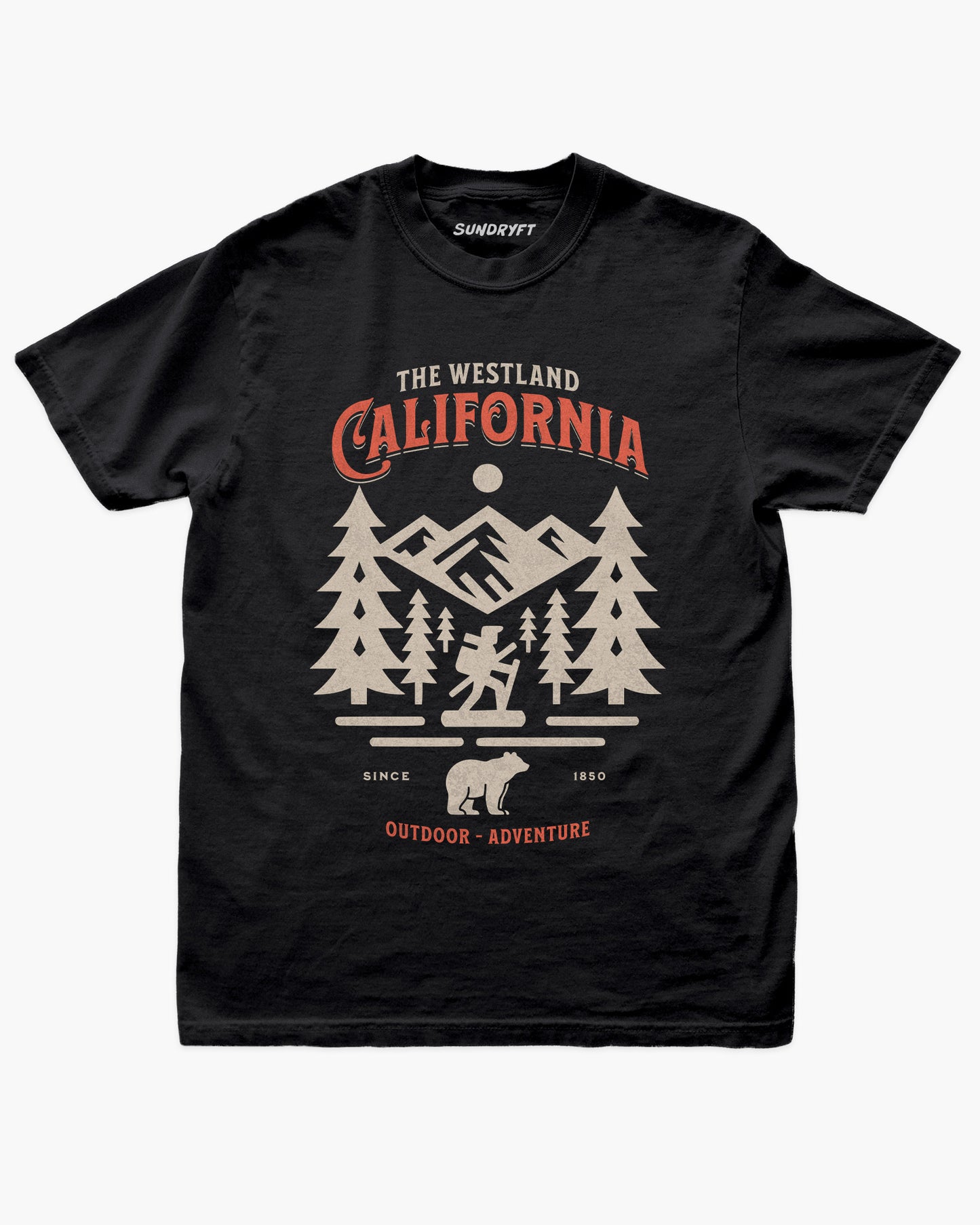 Westland California Outdoor Adventure shirt in black with a retro vector graphic of a hiker, bear, and mountains.