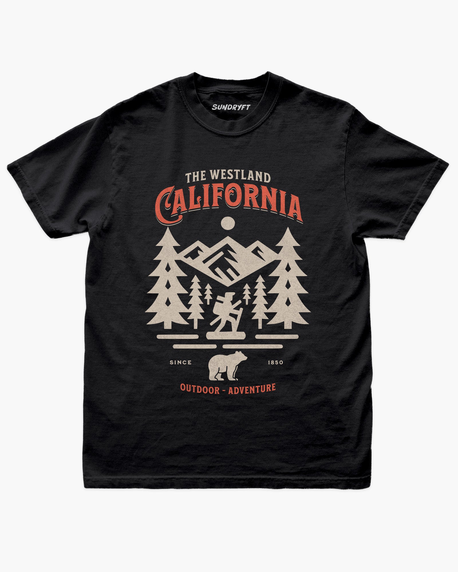 Westland California Outdoor Adventure shirt in black with a retro vector graphic of a hiker, bear, and mountains.