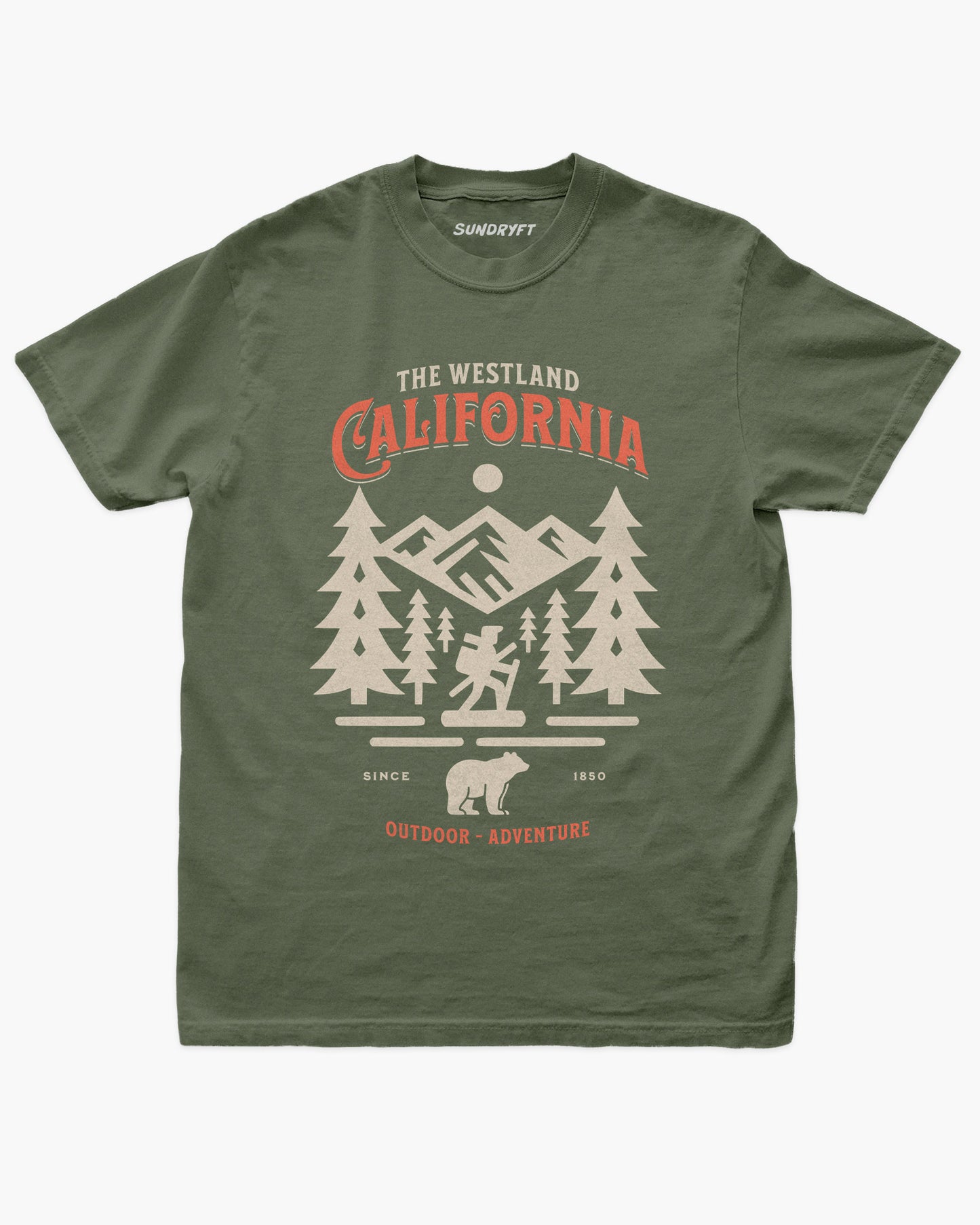 Westland California Outdoor Adventure shirt in moss with a retro vector graphic of a hiker, bear, and mountains.