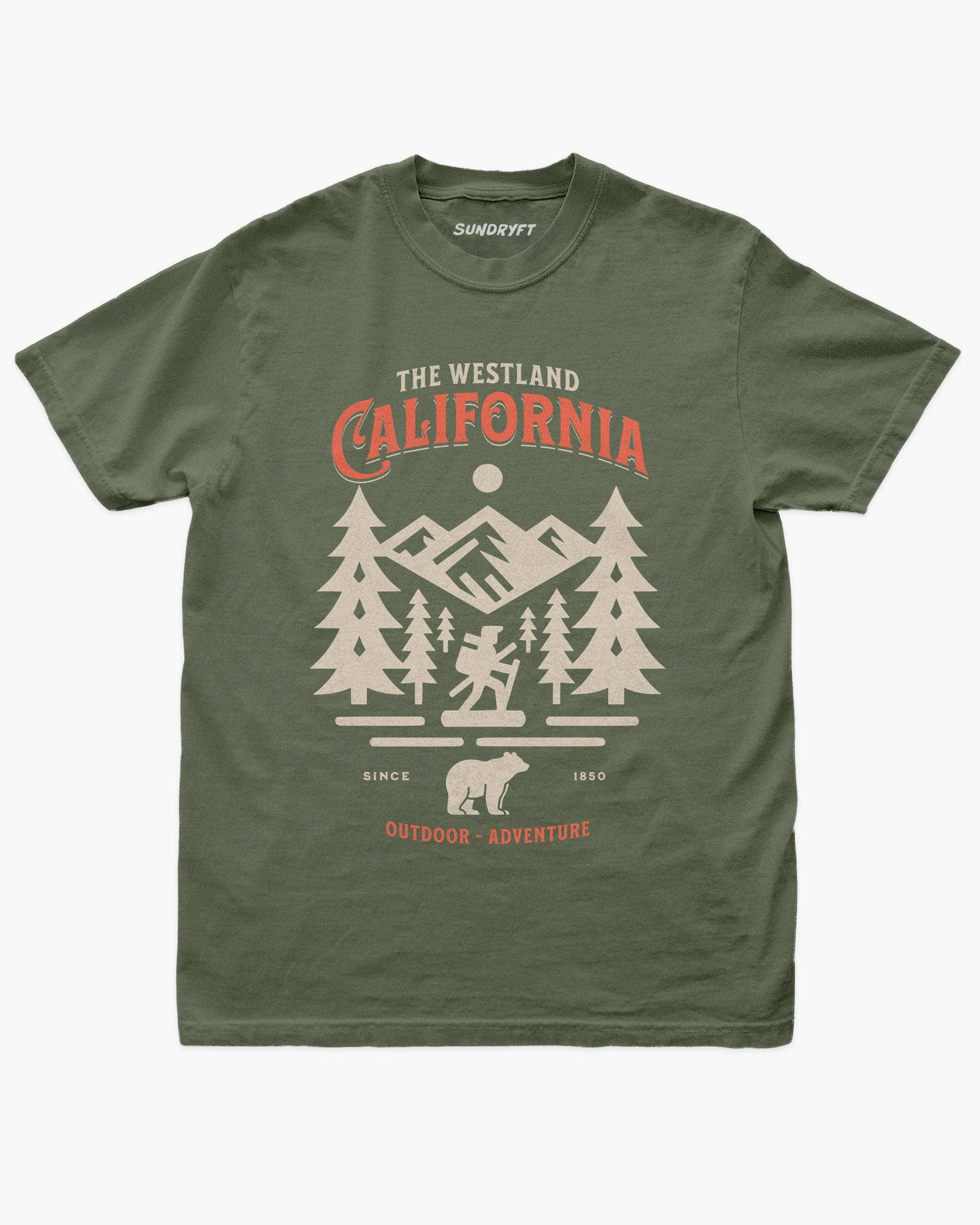 Westland California Outdoor Adventure shirt in moss with a retro vector graphic of a hiker, bear, and mountains.