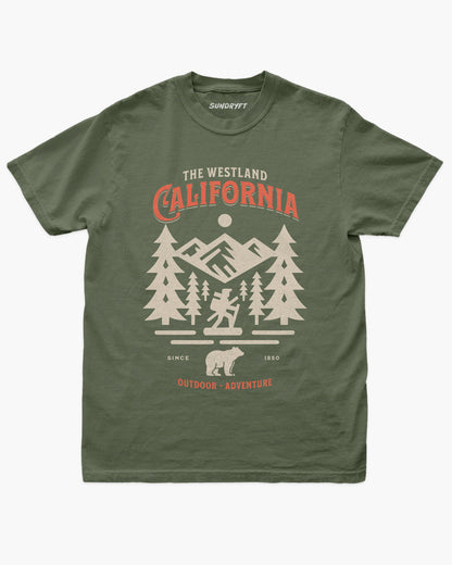 Westland California Outdoor Adventure shirt in moss with a retro vector graphic of a hiker, bear, and mountains.