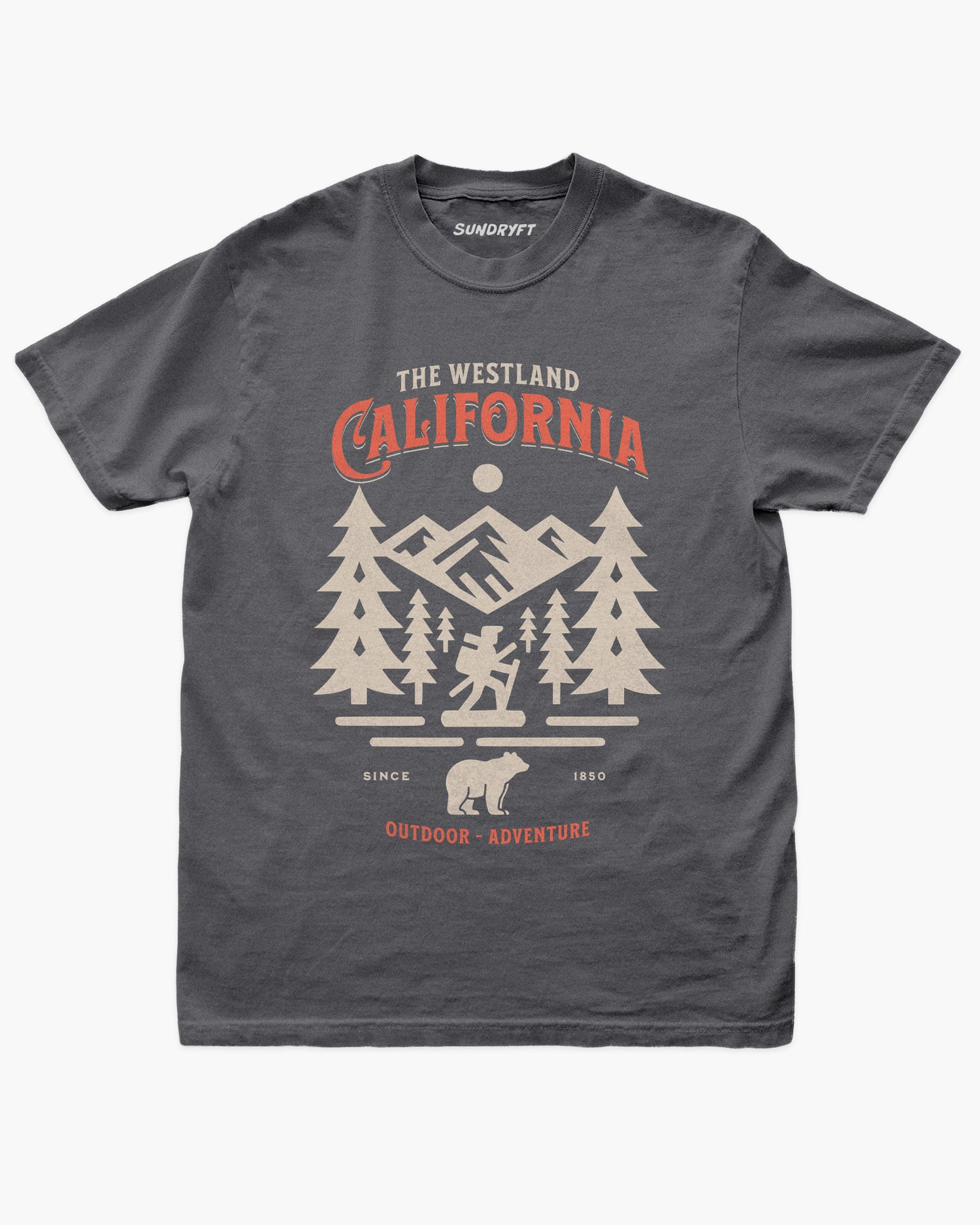 Westland California Outdoor Adventure shirt in pepper with a retro vector graphic of a hiker, bear, and mountains.